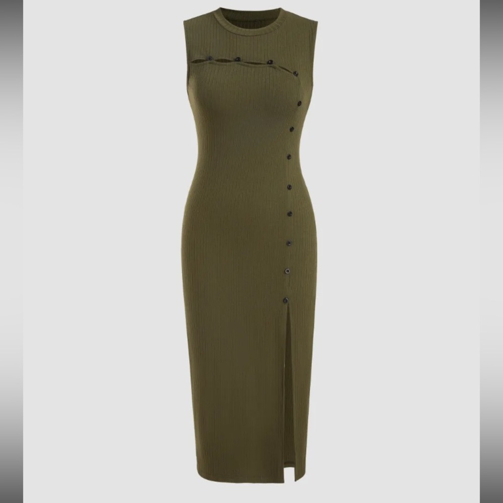 Rib Button Slit Midi Dress - Picture 1 of 8